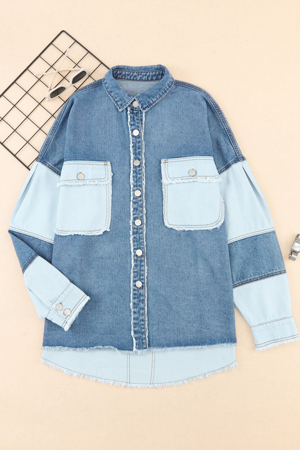 Raw Hem Color Block Denim Jacket