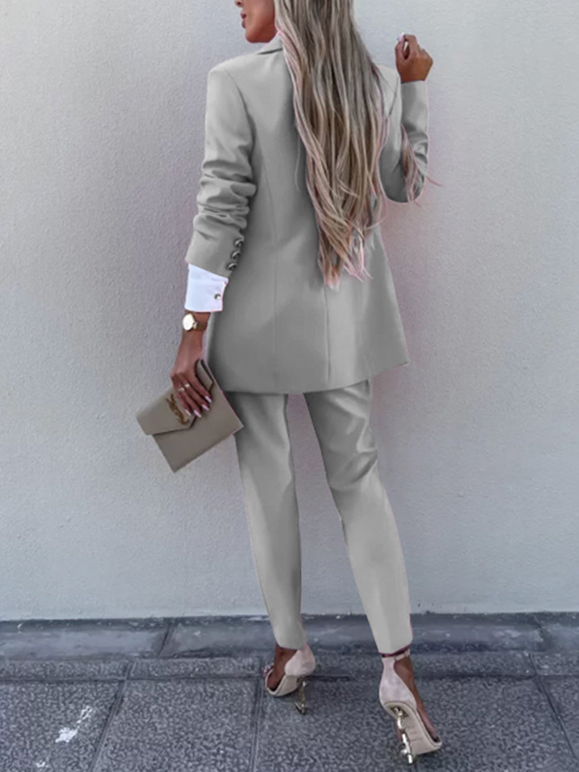 Lapel Collar Long Sleeve Blazer and Pants Set