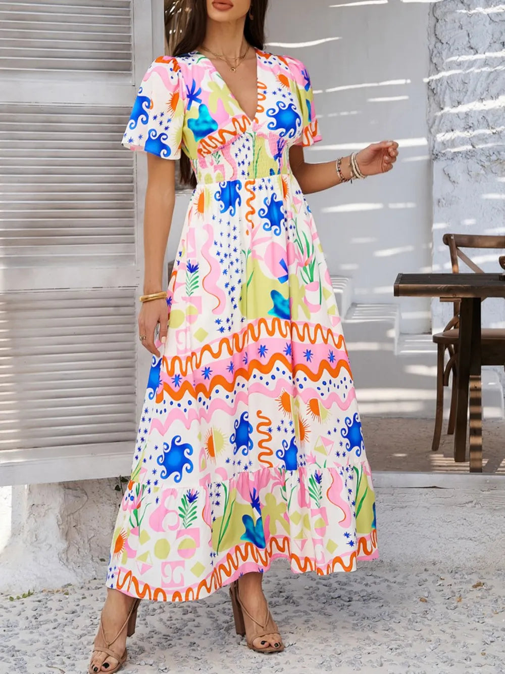 Devine Smocked Printed V-Neck Short Sleeve Maxi Dress
